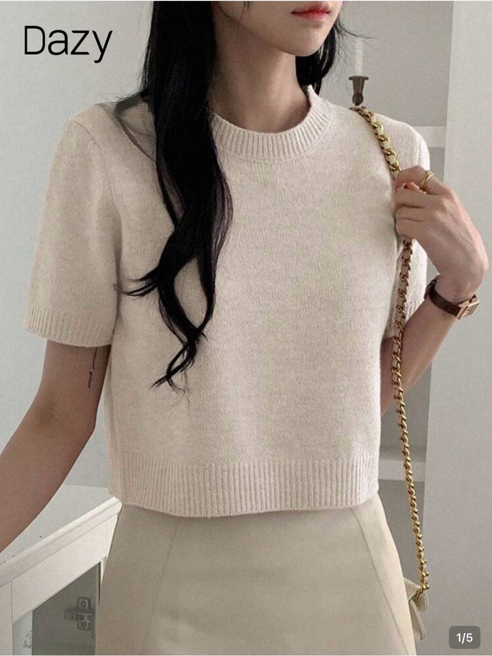Dazy Cream Short-Sleeve Cropped Knit Top